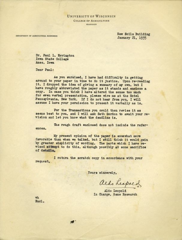 Aldo Leopold letter to Paul Errington, January 21, 1935