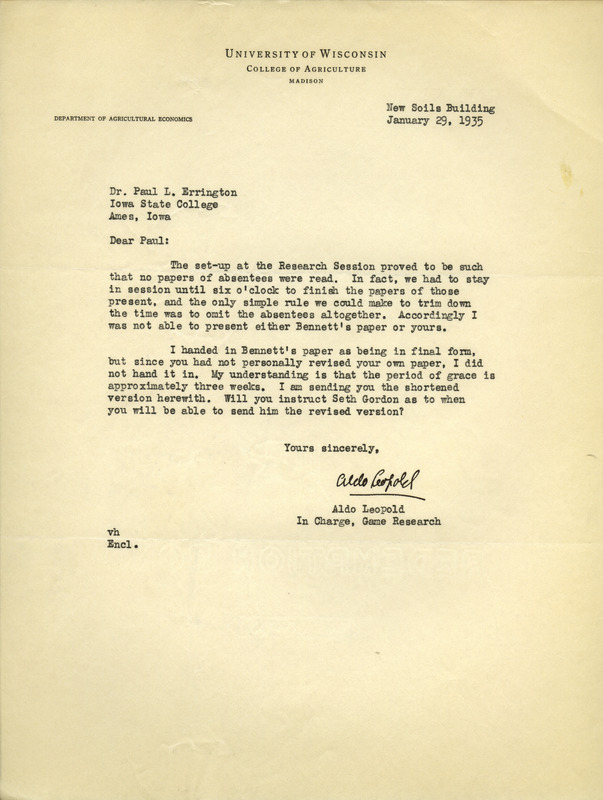 Aldo Leopold letter to Paul Errington, January 29, 1935