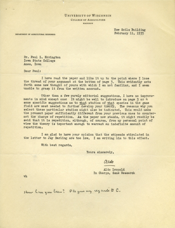 Aldo Leopold letter to Paul Errington, February 11, 1935