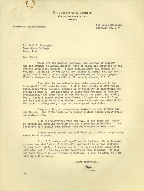 Aldo Leopold letter to Paul Errington, February 20, 1935