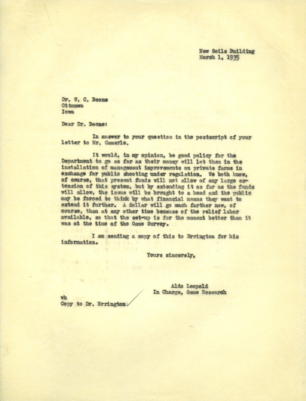 Aldo Leopold letter to Boone, March 1, 1935