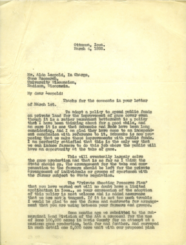 Letter from Boone to Aldo Leopold, March 4, 1935