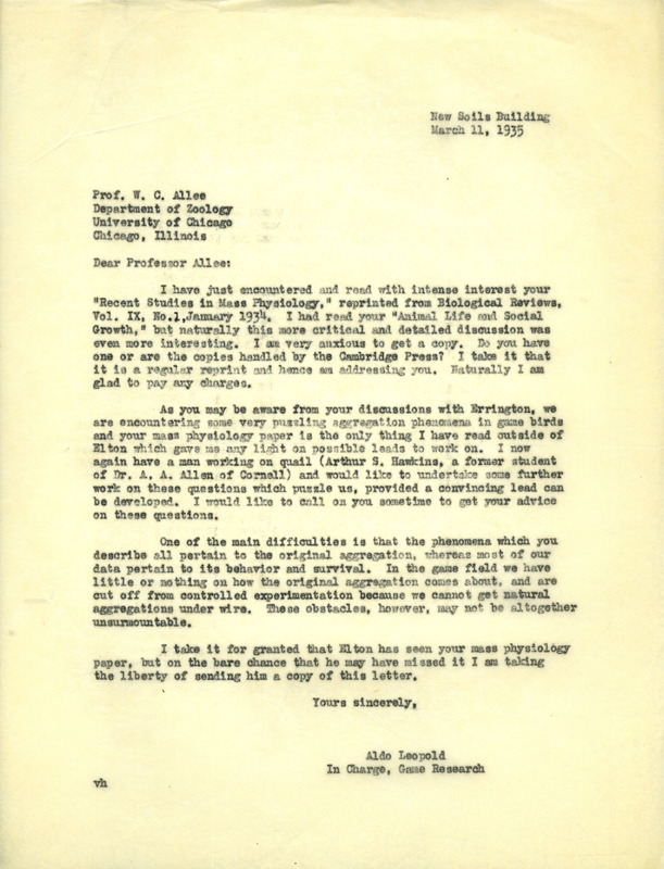 Aldo Leopold letter to Allee, March 11, 1935
