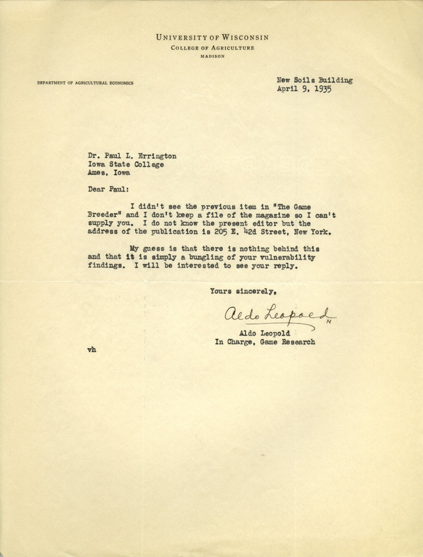 Aldo Leopold letter to Paul Errington, April 9, 1935