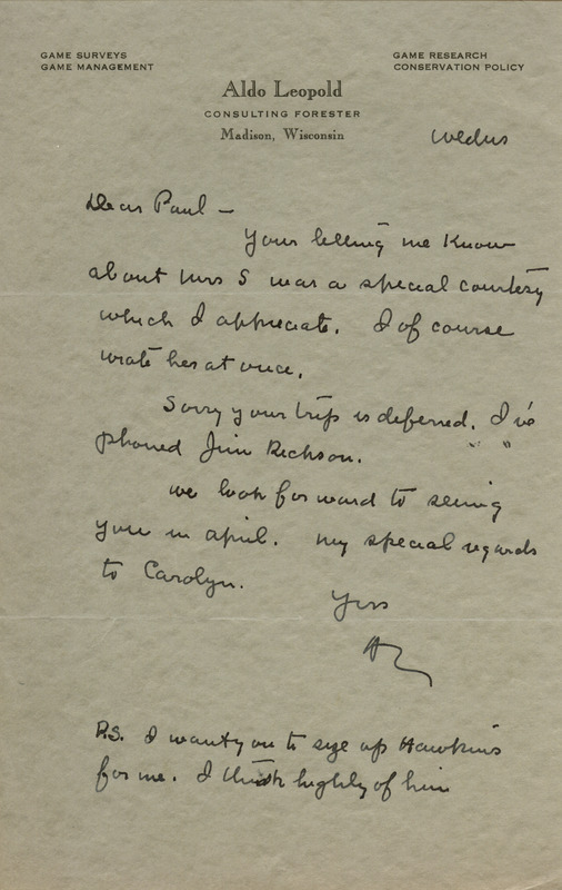 Aldo Leopold letter to Paul Errington, no date