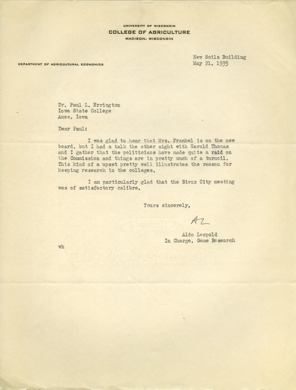 Aldo Leopold letter to Paul Errington, May 21, 1935