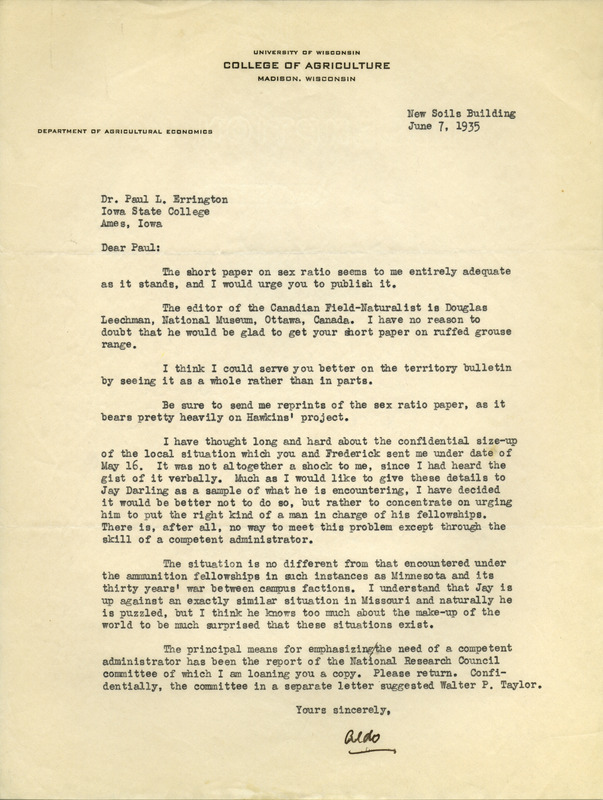 Aldo Leopold letter to Paul Errington, June 7, 1935