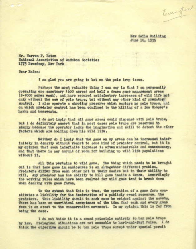 Aldo Leopold letter to Eaton, June 10, 1935