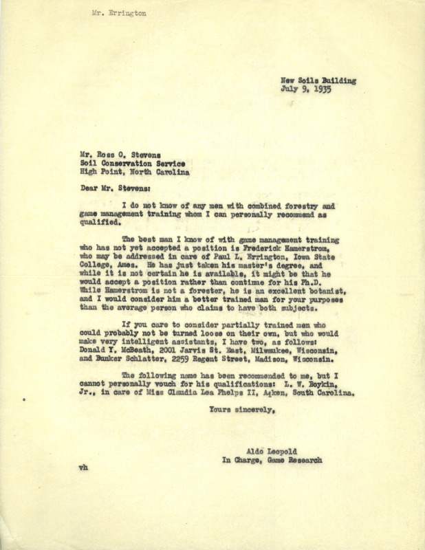 Aldo Leopold letter to Stevens, July 9, 1935