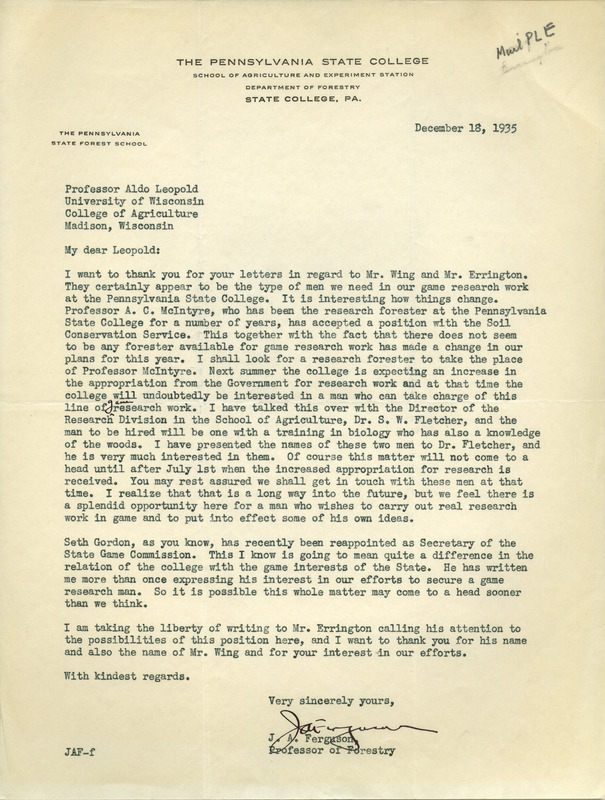 Letter from Ferguson to Aldo Leopold, December 18, 1935