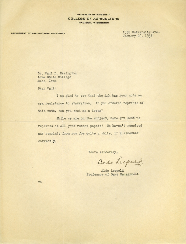 Aldo Leopold letter to Paul Errington, January 29, 1936