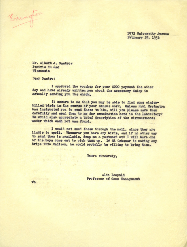 Aldo Leopold letter to Gastrow, February 25, 1936