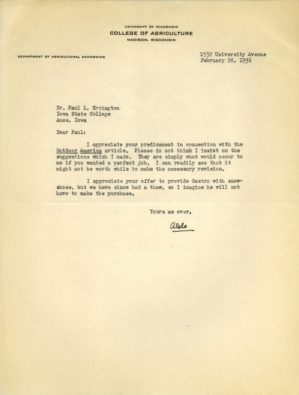 Aldo Leopold letter to Paul Errington, February 28, 1936