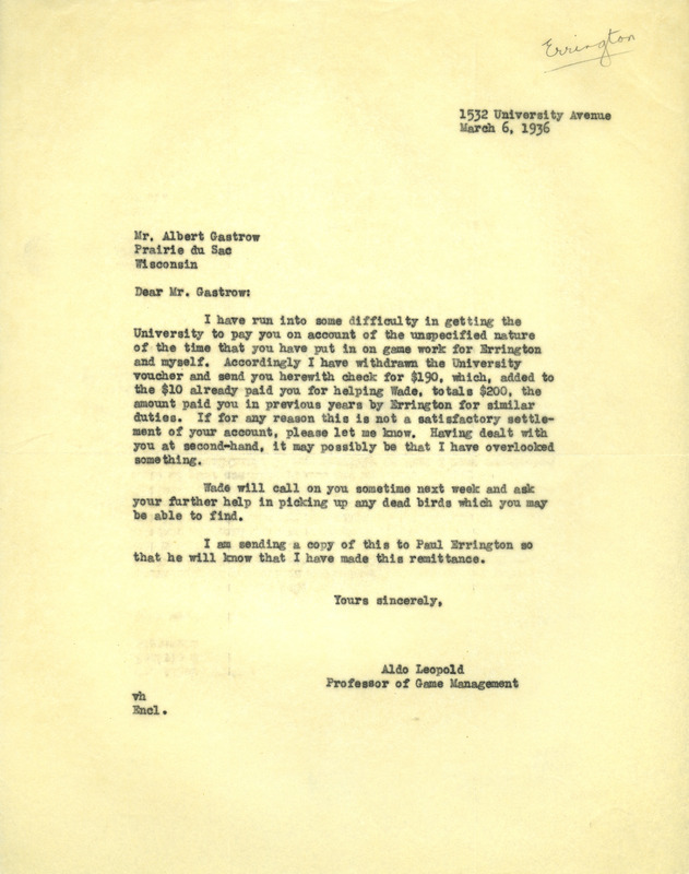 Aldo Leopold letter to Gastrow, March 6, 1936
