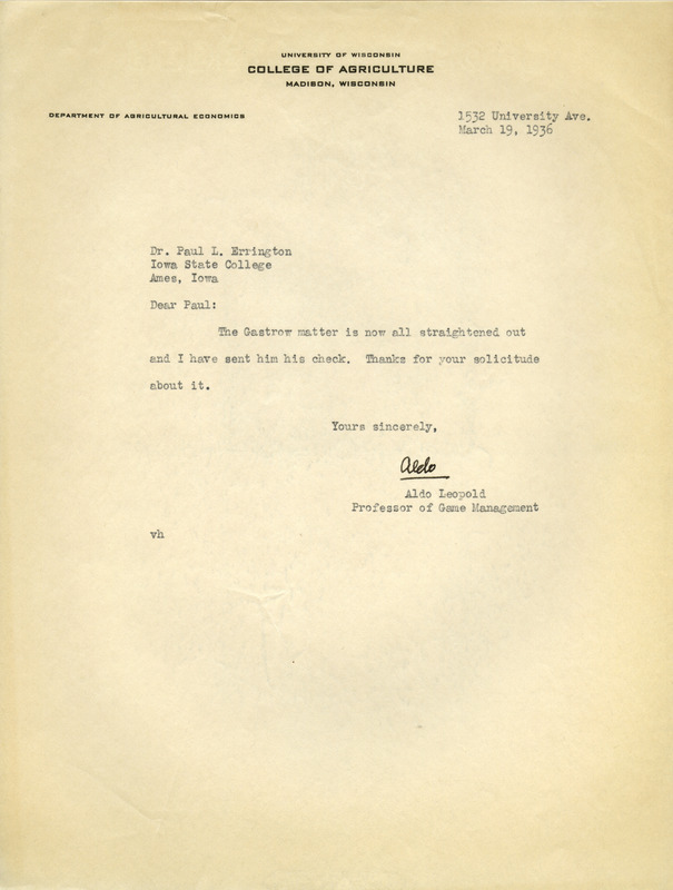 Aldo Leopold letter to Paul Errington, March 19, 1936