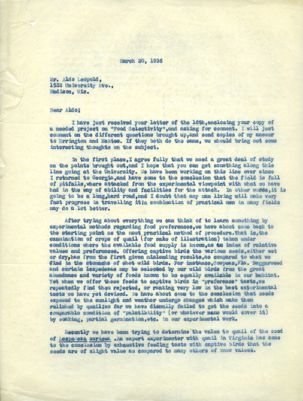 Letter from Stoddard to Aldo Leopold, March 20, 1936