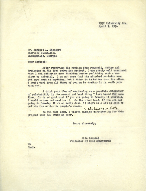 Aldo Leopold letter to Stoddard, April 7, 1936