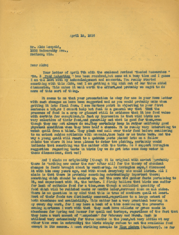 Letter from Stoddard to Aldo Leopold, April 18, 1936