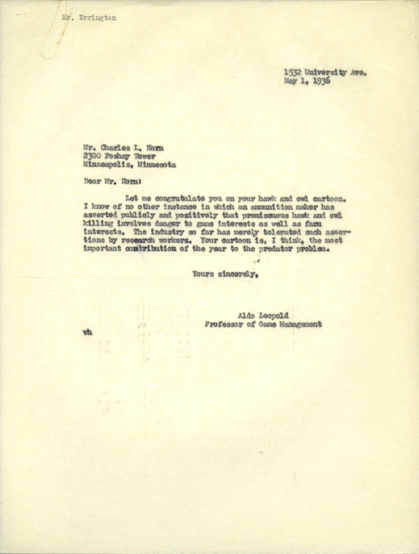 Aldo Leopold letter to Horn, May 1, 1936