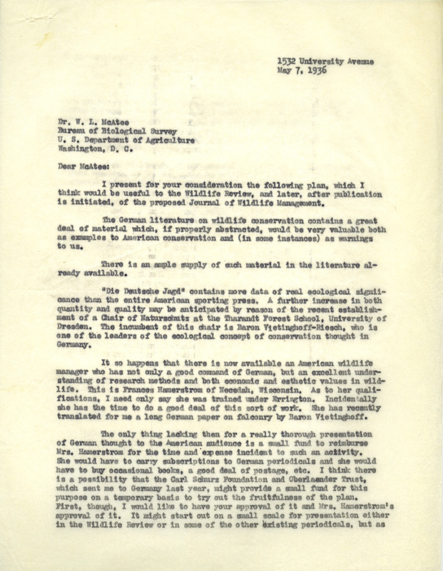Aldo Leopold letter to McAtee, May 7, 1936
