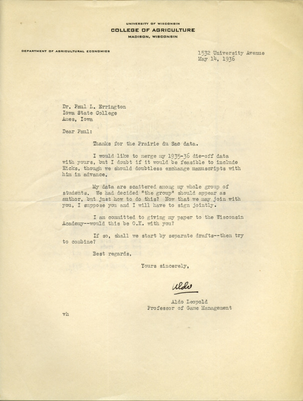 Aldo Leopold letter to Paul Errington, May 14, 1936