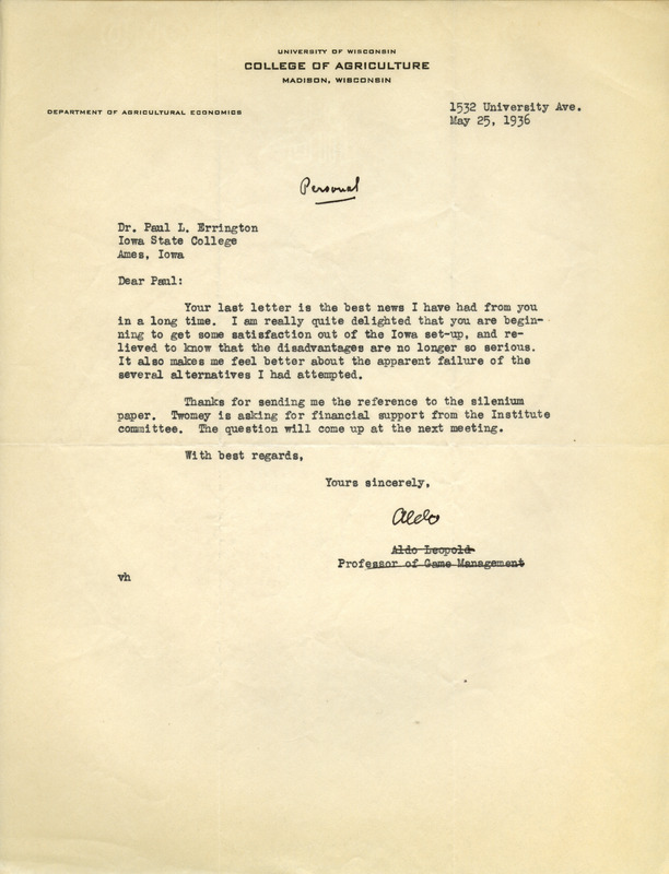 Aldo Leopold letter to Paul Errington, May 25, 1936