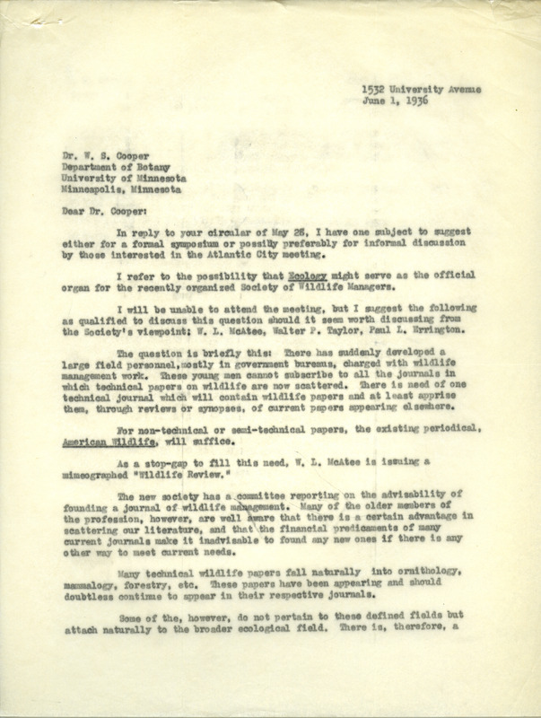 Aldo Leopold letter to Cooper, June 1, 1936
