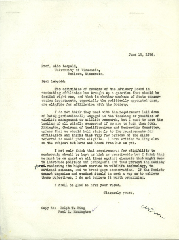 Letter to Aldo Leopold, June 10, 1936