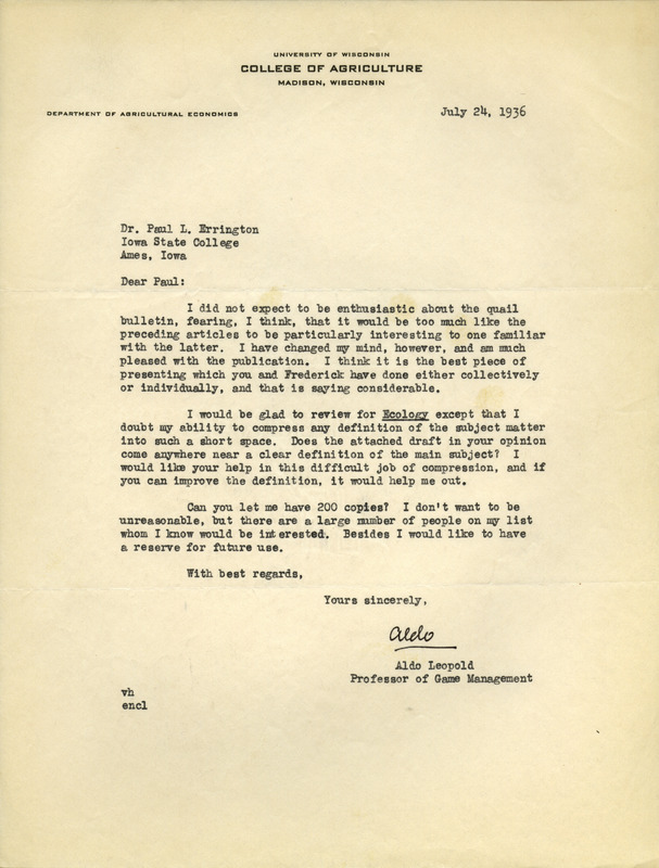 Aldo Leopold letter to Paul Errington, July 24, 1936