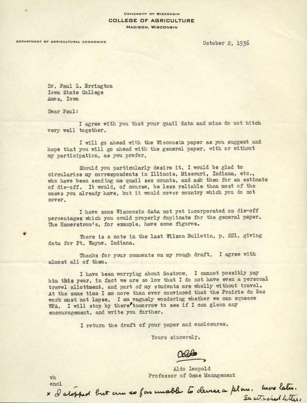 Aldo Leopold letter to Paul Errington, October 2, 1936