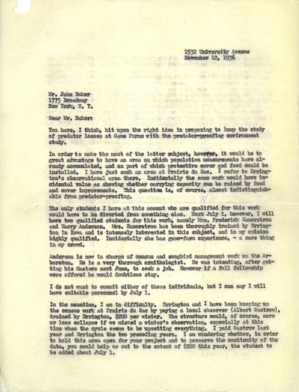 Aldo Leopold letter to Baker, November 12, 1936