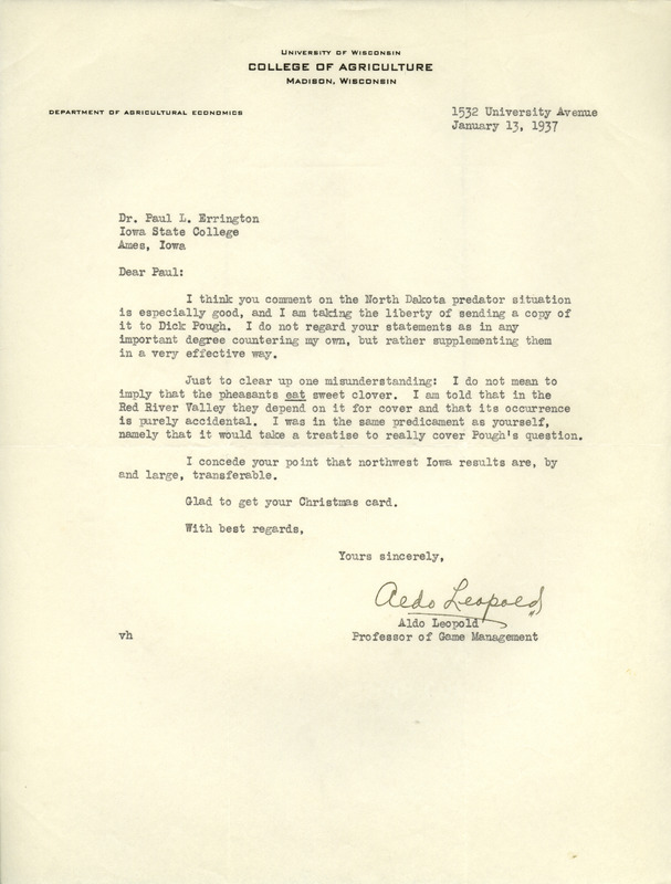 Aldo Leopold letter to Paul Errington, January 13, 1937