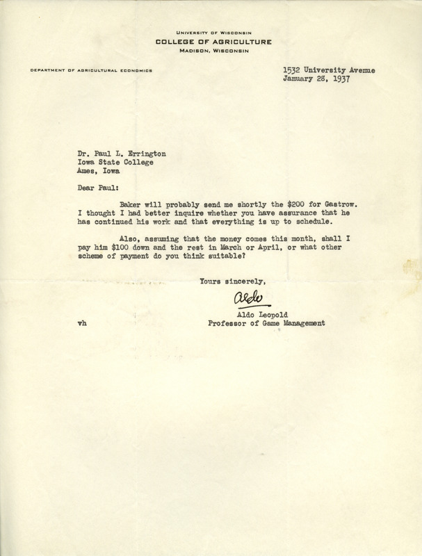 Aldo Leopold letter to Paul Errington, January 28, 1937