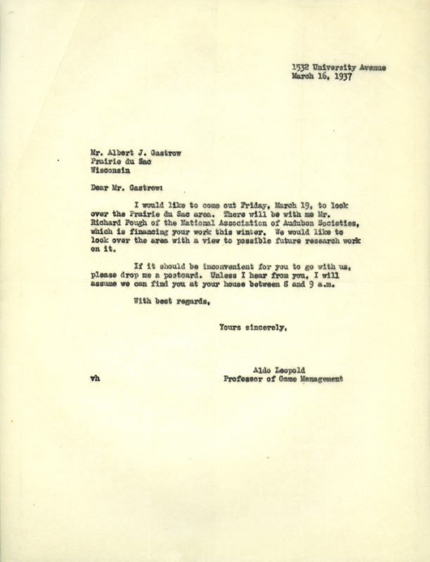 Aldo Leopold letter to Gastrow, March 16, 1937