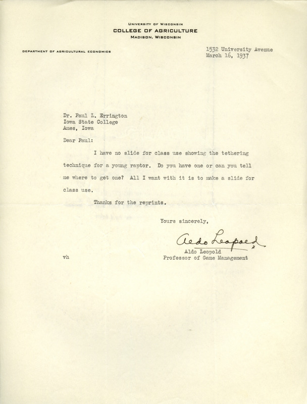 Aldo Leopold letter to Paul Errington, March 16, 1937