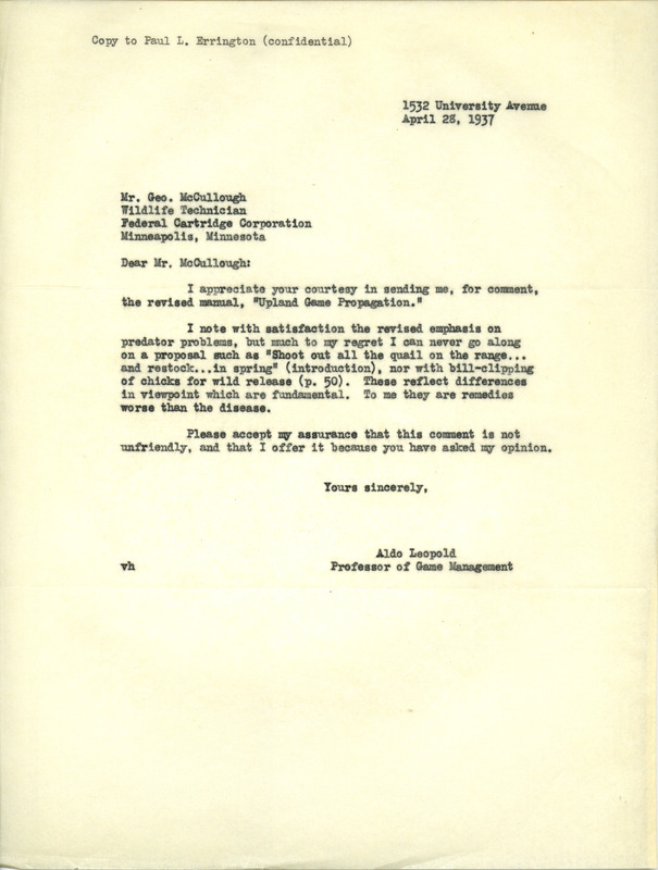 Aldo Leopold letter to McCullough, April 28, 1937