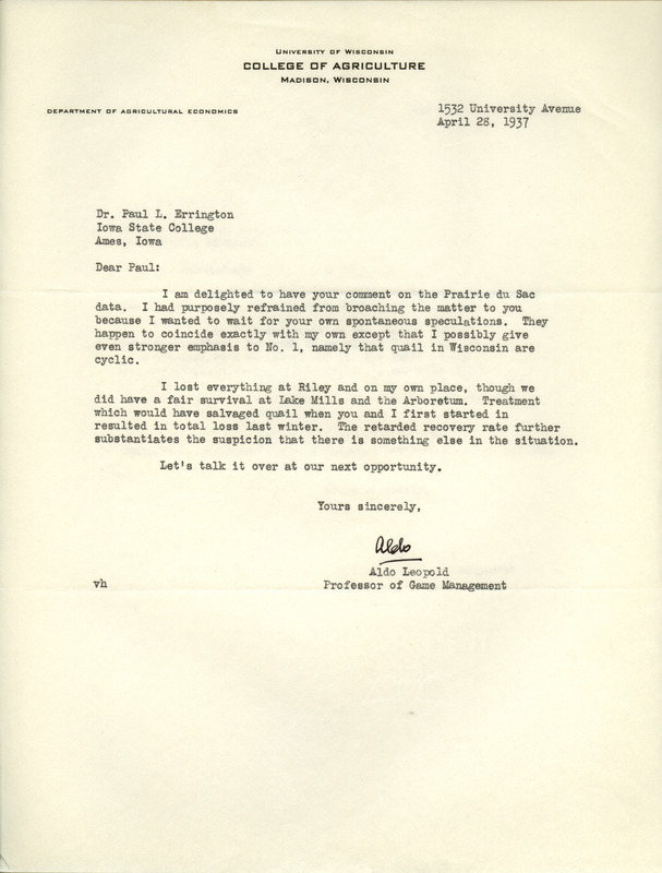 Aldo Leopold letter to Paul Errington, April 28, 1937