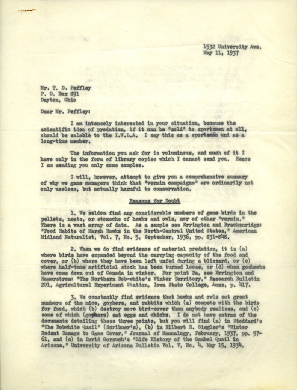 Aldo Leopold letter to Peffley, May 11, 1937