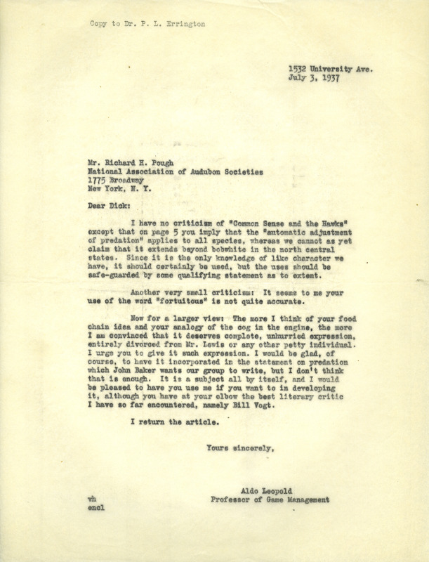 Aldo Leopold letter to Pough, July 3, 1937