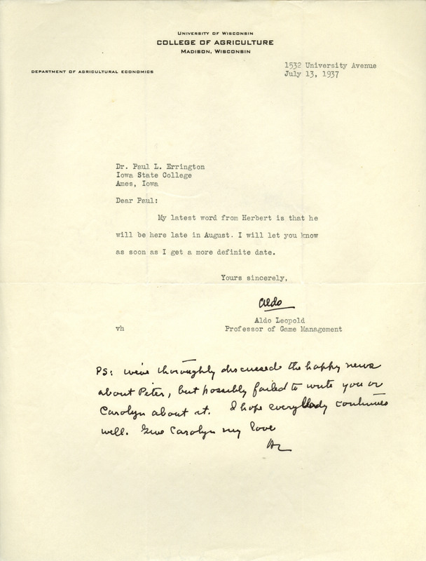 Aldo Leopold letter to Paul Errington, July 13, 1937