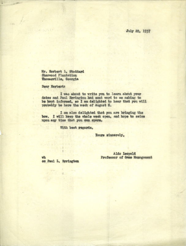 Aldo Leopold letter to Stoddard, July 22, 1937