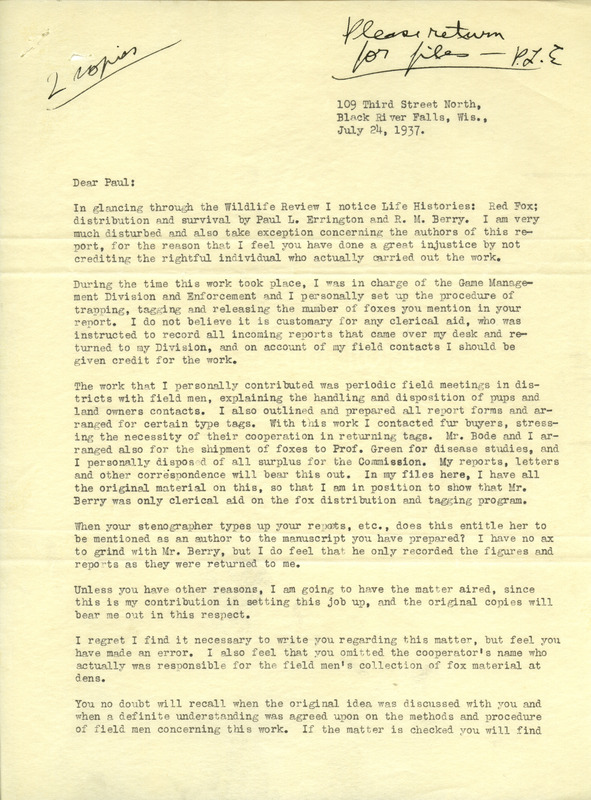 Letter from Schunke to Paul Errington, July 24, 1937