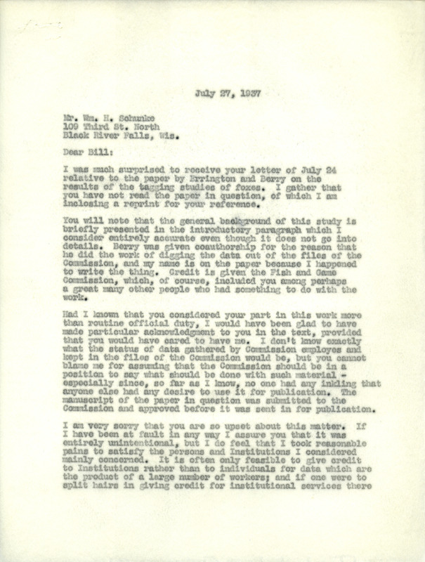 Paul Errington letter to Schunke, July 27, 1937