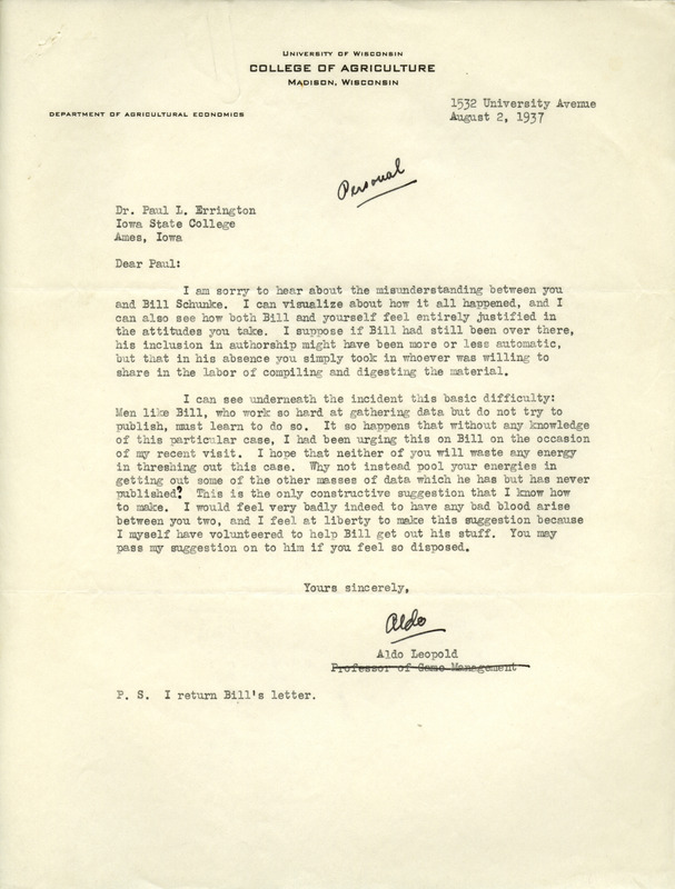 Aldo Leopold letter to Paul Errington, August 2, 1937
