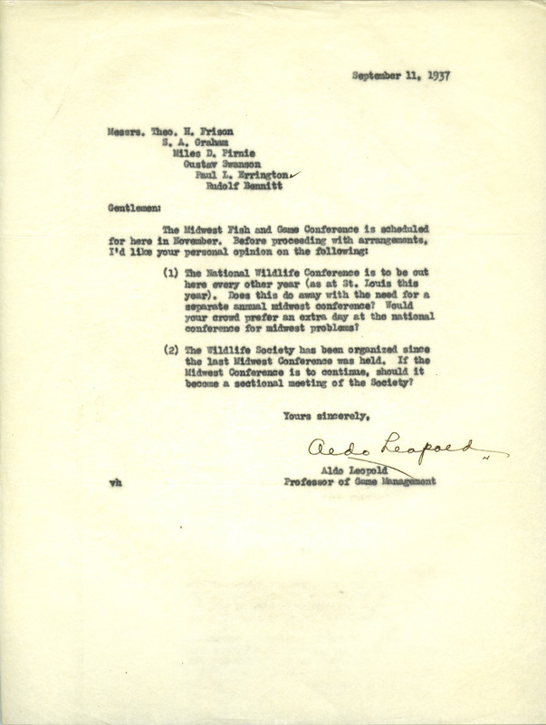 Aldo Leopold letter to Paul Errington, September 11, 1937