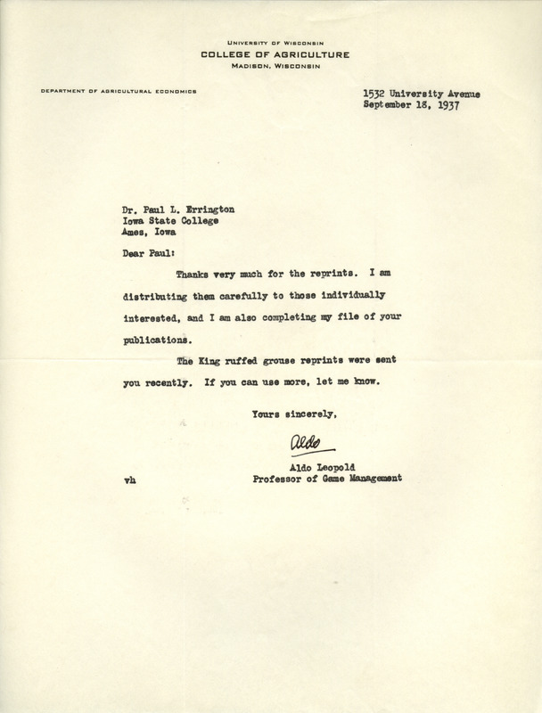 Aldo Leopold letter to Paul Errington, September 18, 1937