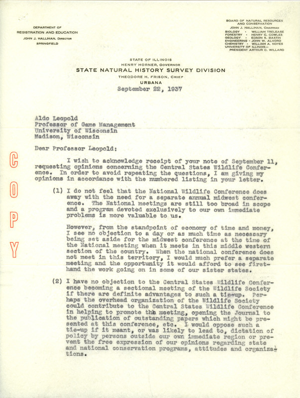 Letter from Frison to Aldo Leopold, September 22, 1937