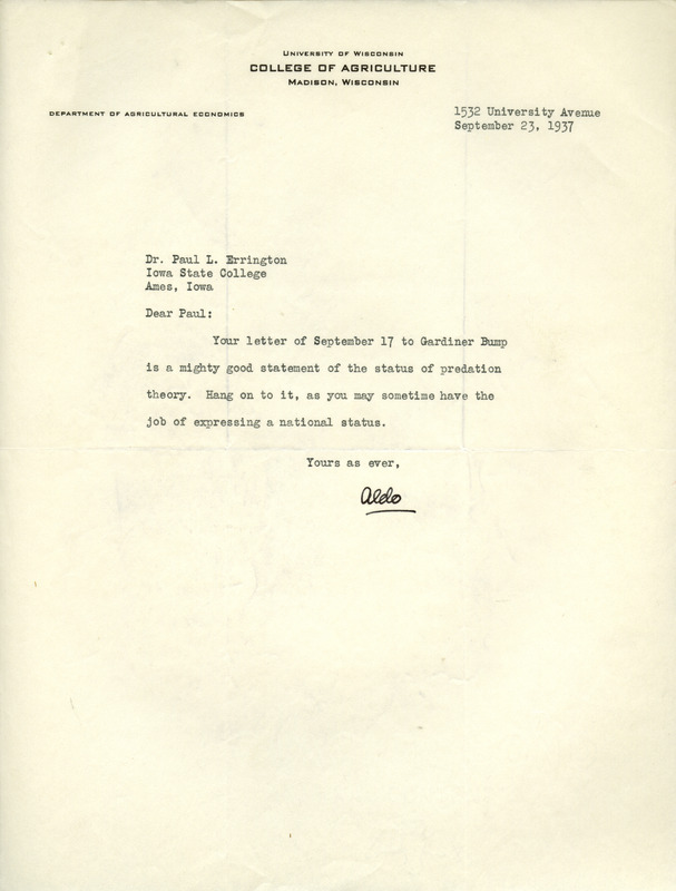 Aldo Leopold letter to Paul Errington, September 23, 1937