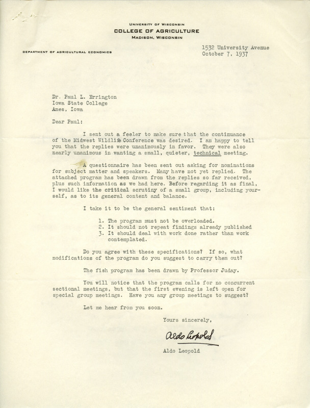 Aldo Leopold letter to Paul Errington, October 7, 1937