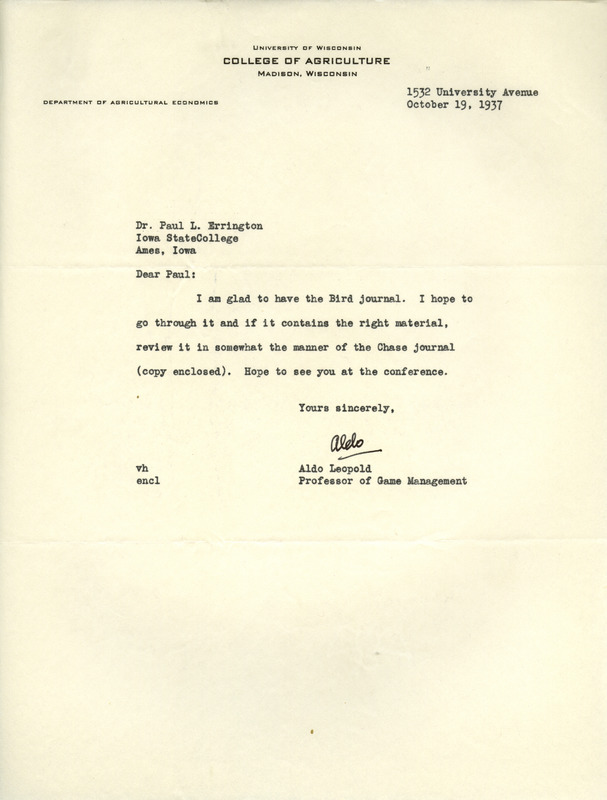 Aldo Leopold letter to Paul Errington, October 19, 1937